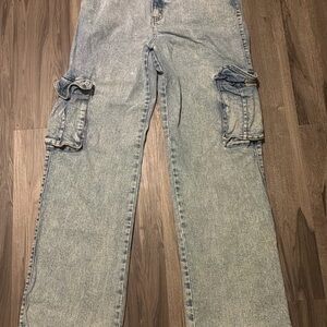Fashion Nova Light Wash Cargo Jeans High Rise Straight Leg Size 11